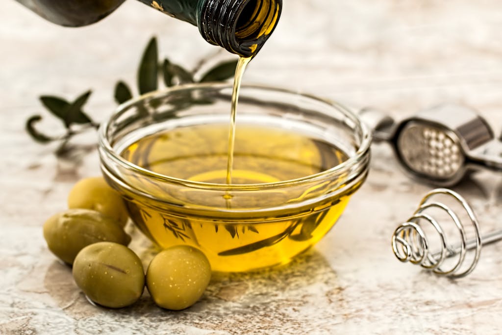 A bowl of olive oil.