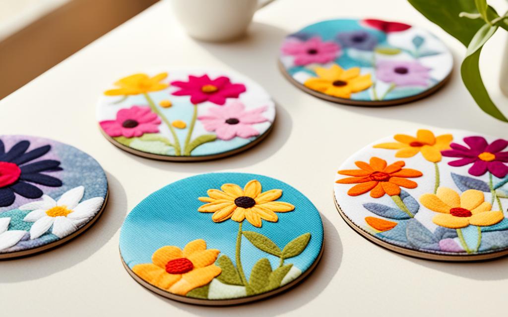 fabric scrap coasters and handmade fabric flowers