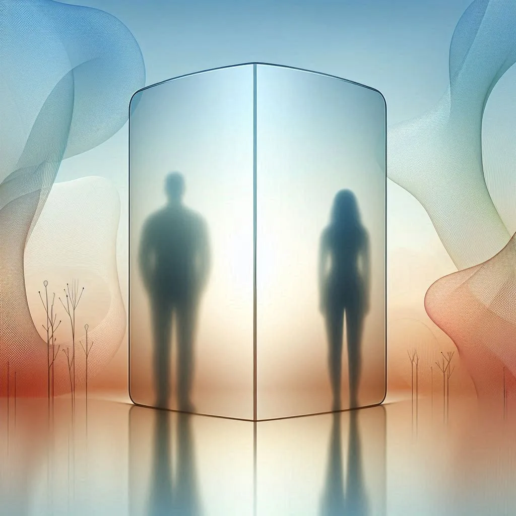 Two abstract silhouettes with a privacy shield between them